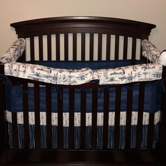 Bedding Airplane Crib Rail Covers Navy Mesh Bumper Navy With White